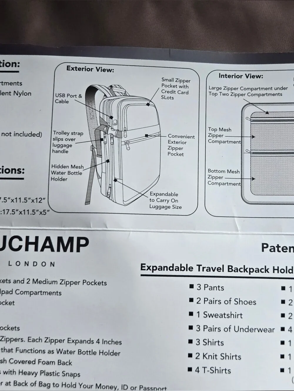 Duchamp Expandable Travel Backpack/ Suitcase with laptop pocket and USB.